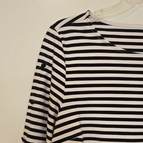 Talbots Coastal Black/White Striped Nautical 3/4 Length Button Detail Sleeve Top - Picture 3 of 7